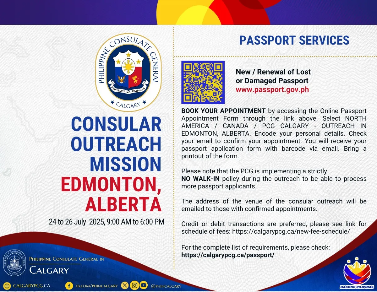 Consular Outreach Mission in Edmonton, Alberta on 24 to 26 July 2025, 9:00am to 6:00pm.
