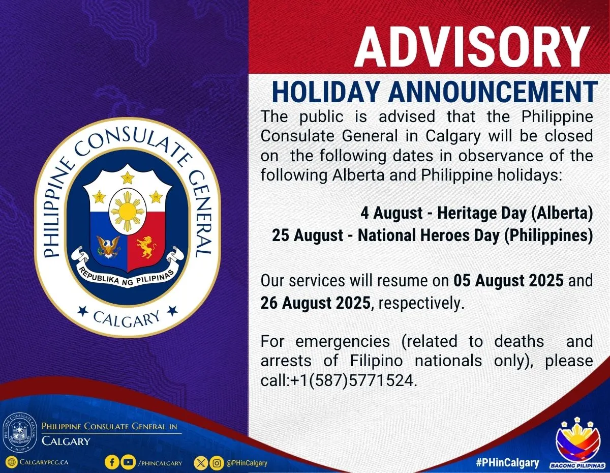 Holiday Announcement: 4 August – Heritage Day (Alberta), 25 August – National Heroes Day (Philippines)