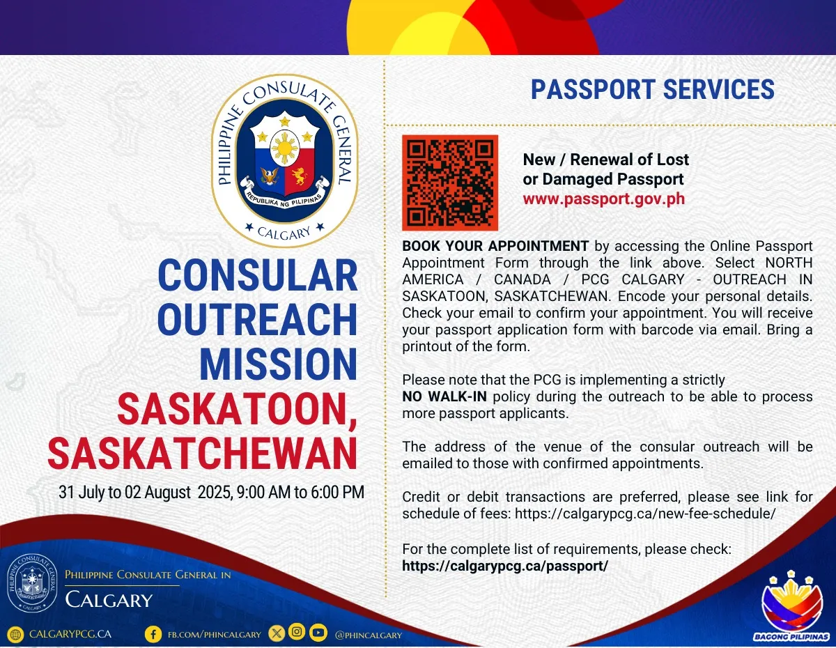Consular Outreach Mission in Saskatoon, Saskatchewan on 31 July to 02 August 2025, 9:00am to 6:00pm