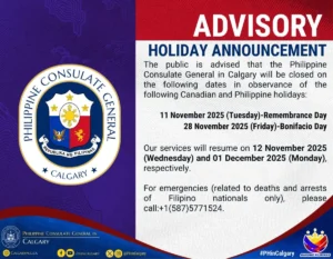 Holiday Announcement: 11 November 2025-Remembrance Day (Canada), 28 November 2025-Bonifacio Day (Philippines)