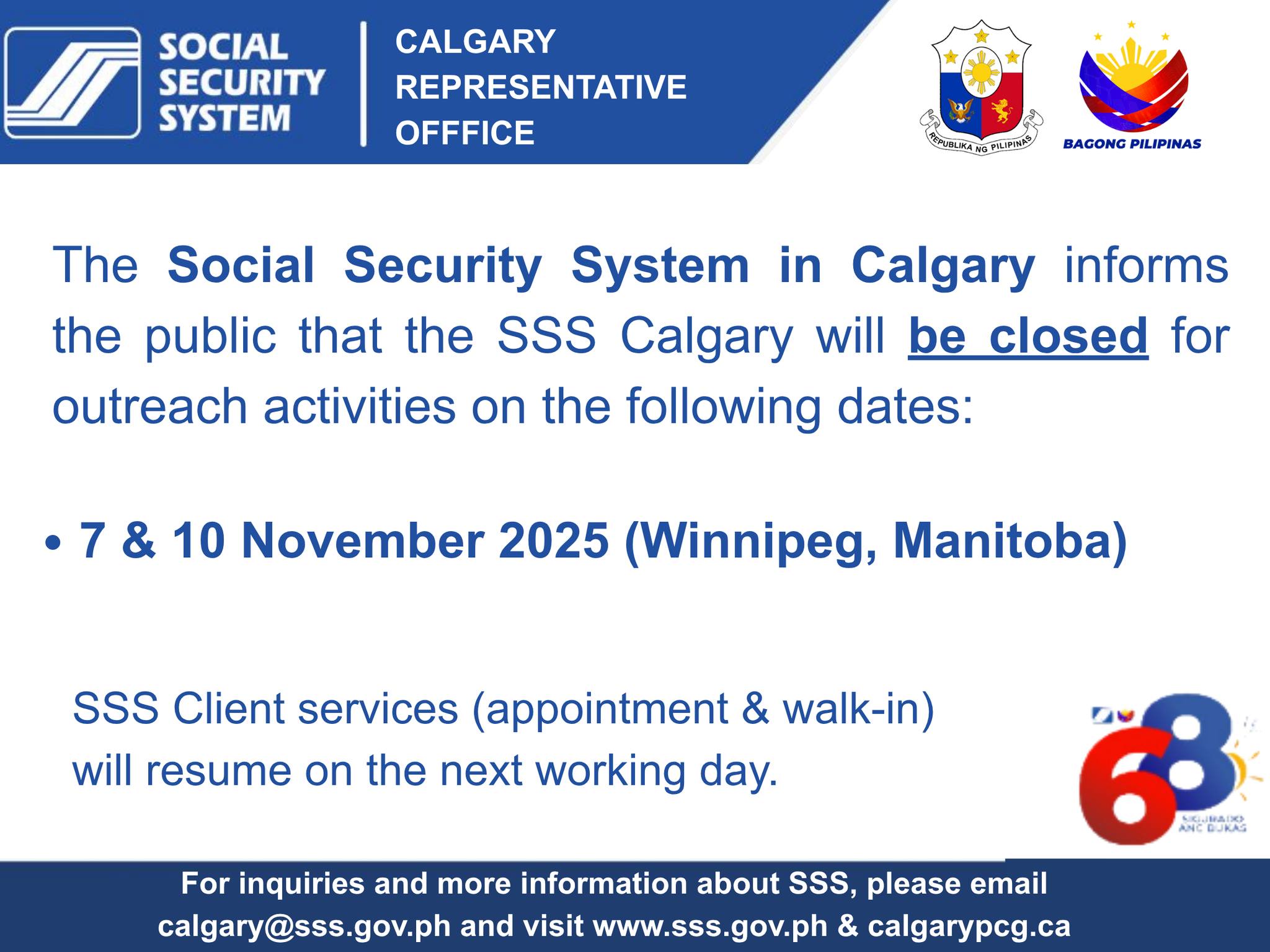 SSS Calgary will be closed for outreach activities on November 7 & 10, 2025
