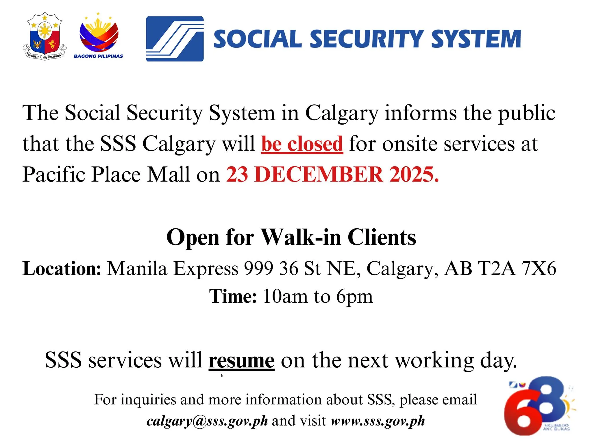 SSS will be closed for onsite services at Pacific Place Mall