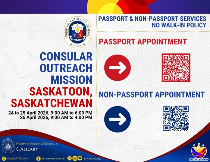 Consular Outreach Mission in Saskatoon, Saskatchewan on 24 to 25 April 2026 (9:00 AM – 6:00 PM), and 26 April 2026 (9:00 AM – 4:00 PM)