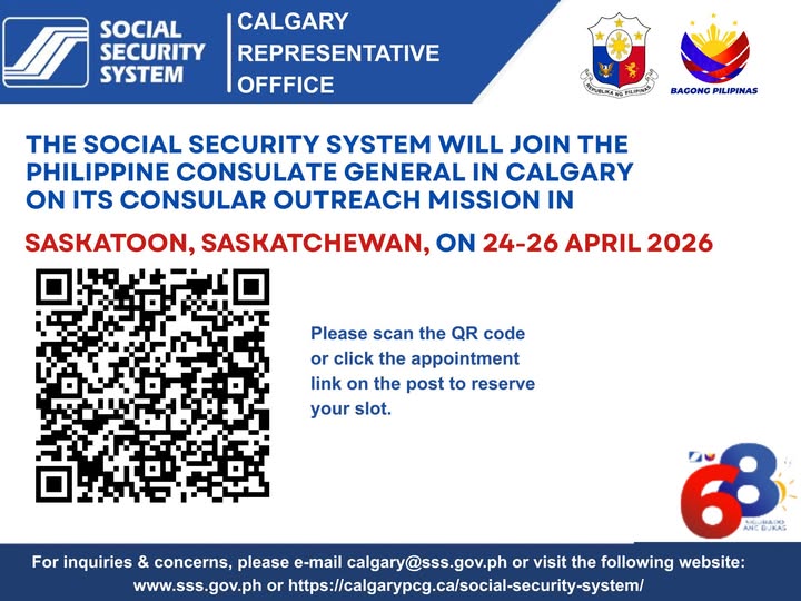 The Social Security System (SSS) will join the Consular Outreach Mission in Saskatoon, Saskatchewan on 24-26 April 2026.