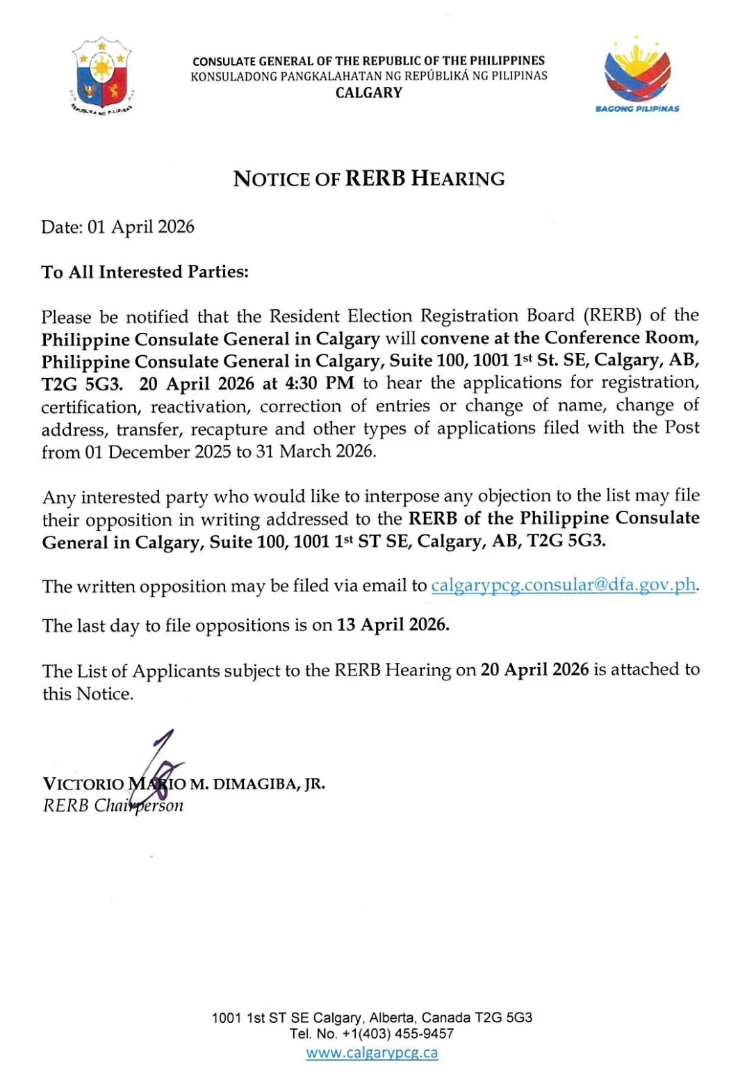 Notice of Resident Election Registration Board (RERB) Hearing
