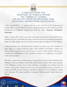 Message from the Secretary of Foreign Affairs, Ma. Theresa P. Lazaro on the Occasion of Kalayaan 2026 “Kalayaan. Kinabukasan. Kasaysayan.