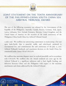 Joint Statement on the Tenth Anniversary of the Philippines-China South China Sea Arbitral Tribunal Award