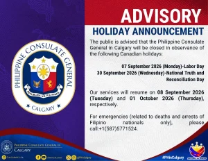 Holiday Advisory – September 7, 2026 (Monday)-Labor Day and September 30, 2026 (Wednesday)-National Truth and Reconciliation Day