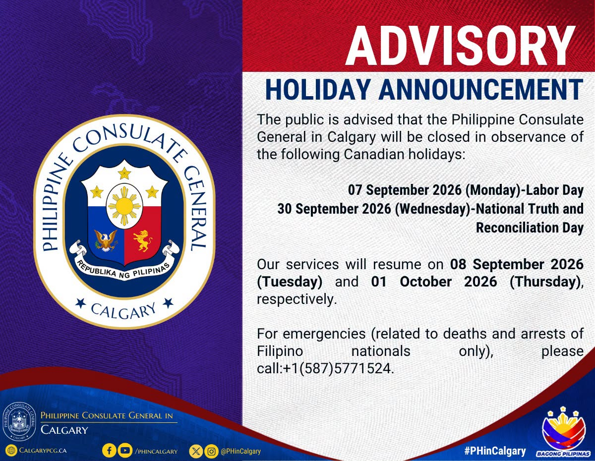 Holiday Advisory – September 7, 2026 (Monday)-Labor Day and September 30, 2026 (Wednesday)-National Truth and Reconciliation Day