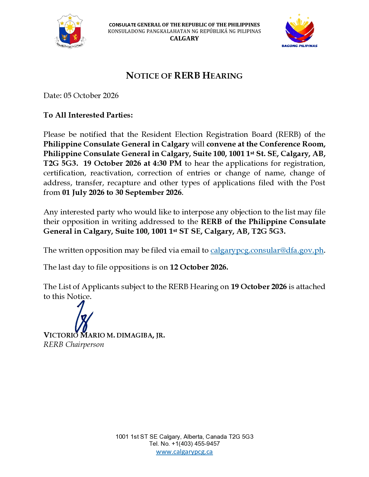 NOTICE OF THE 3RD RESIDENT ELECTION REGISTRATION BOARD (RERB) HEARING ON 19 OCTOBER 2026